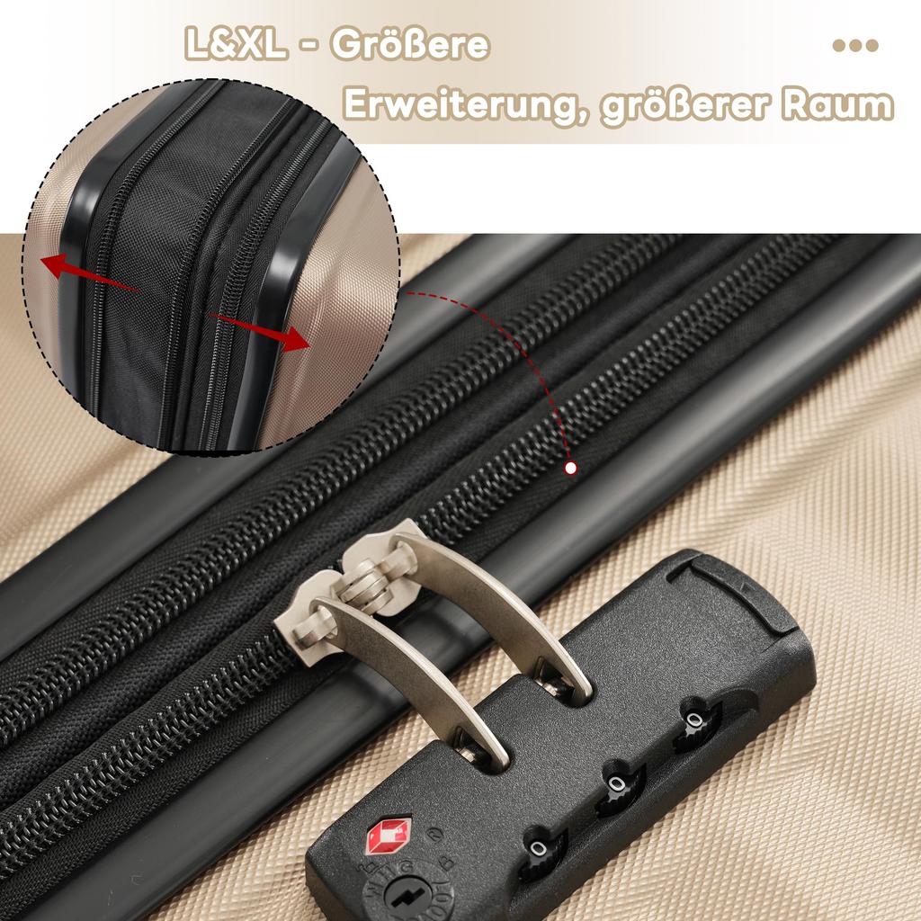 Kofferset 3tlg, Hartschalenkofferset Reisekofferset, Erweiterbar Trolley Koffer mit TSA Schloss,, Teleskopgriff, klappbarer Becherhalter, ABS