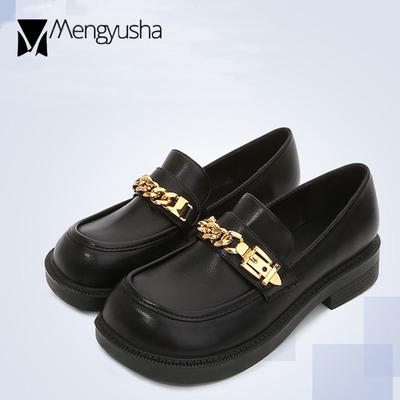 Mode 2024 Metallkette kleine Lederschuhe Damen Slipper flache Ballerinas Frau Derbys dicke Absätze große eckige Zehenpartie Slipper große Größe 34-43