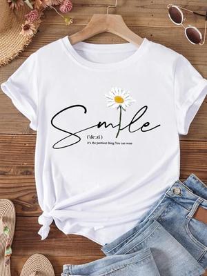 (Rozmiar azjatycki) Kobiety List Kwiat Trend Słodkie Słodkie Krótki Rękaw Moda Odzież Casual Tshirt Kobieta Nadruk Damska Koszulka Top T-shirty Graficzne