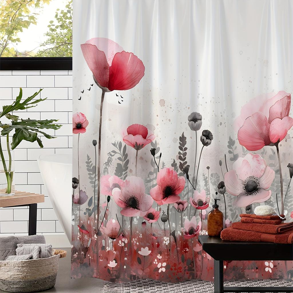 Vintage Poppy Floral Print Shower Curtain with 12 Hooks - Water-Resistant, Machine Washable Polyester Fabric, Elegant Red and