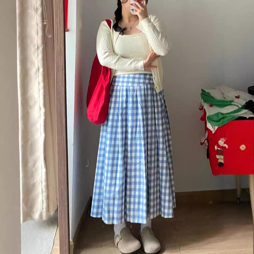 Retro Blue & White Plaid High Waist A-Line Skirt for Plus Size Women - Autumn College Style