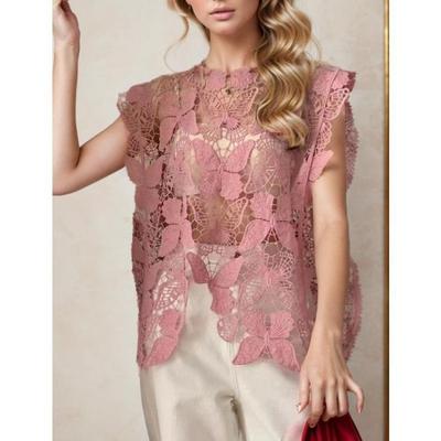 2026 New Women Lace Knitting Vest T-Shirt O-Neck Hollow Summer Style Loose Basic Tops Pink Tees Dimanaf