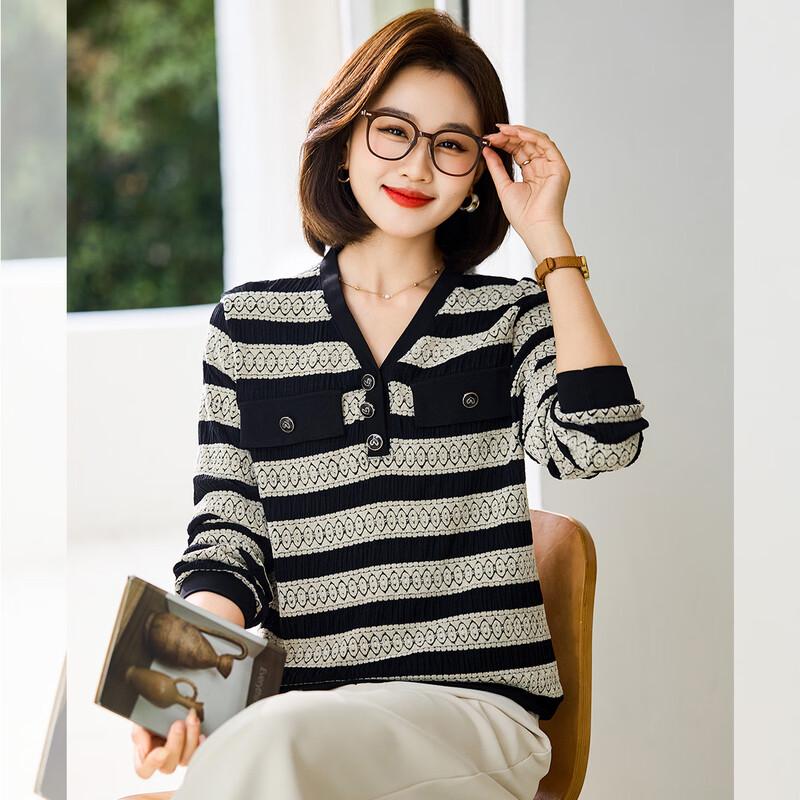 

Mid-Aged Women s Striped V-Neck Knit Sweater 2XL