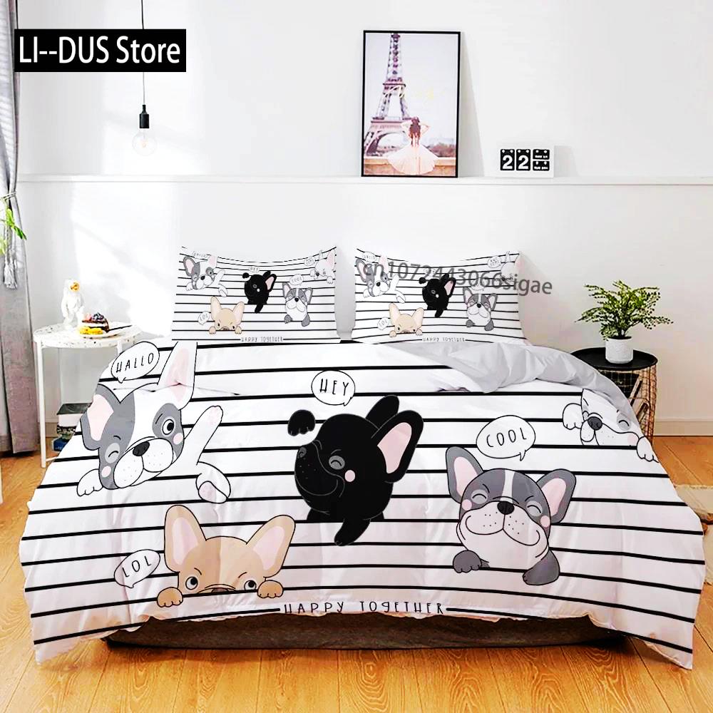 3D Hunde Bettwäsche Set Niedliches Französische Bulldogge Welpe Bettbezug Sets Cartoon Bettdecke Haustiere Heimtextilien Queen 2/3Stk. King Full