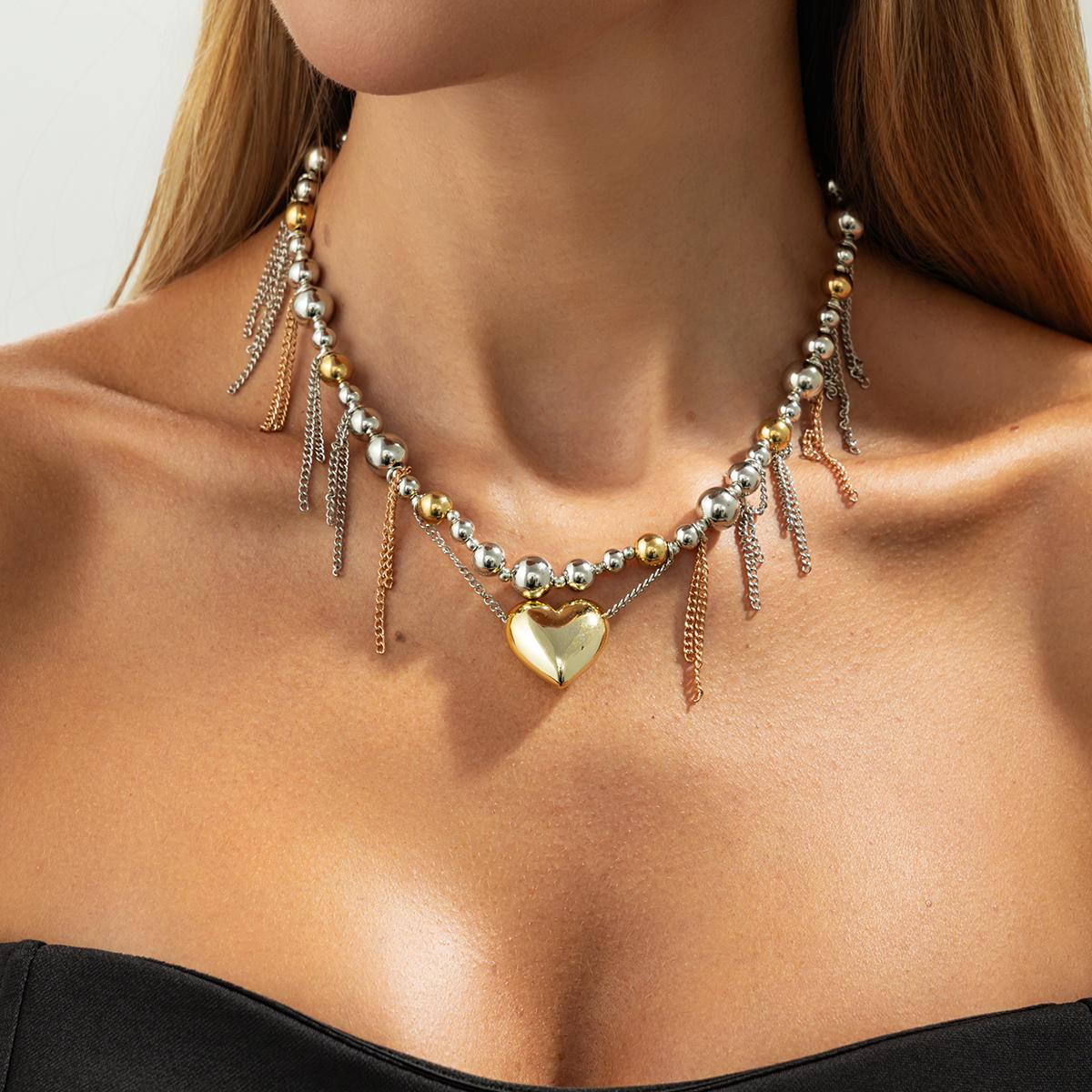 

SHIXIN Retro Gold Color Love Heart Pendant Necklace for Women Luxury Big Beaded Choker New Year Party Jewelry Neck Accessories