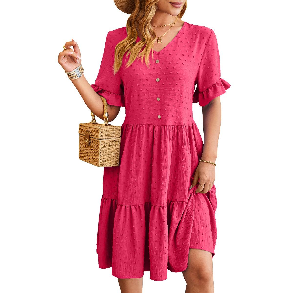 Spring Summer New Women s Jacquard V-neck High Waist Knee-length Pleated Dress, European American Style Cross-border Women s Clothing S розы красного