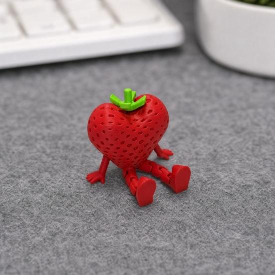 3D Printed Fruit Figure with Movable Joints, Collectible Articulated Red Strawberry Figurine for Home Office Executive Desk Decor