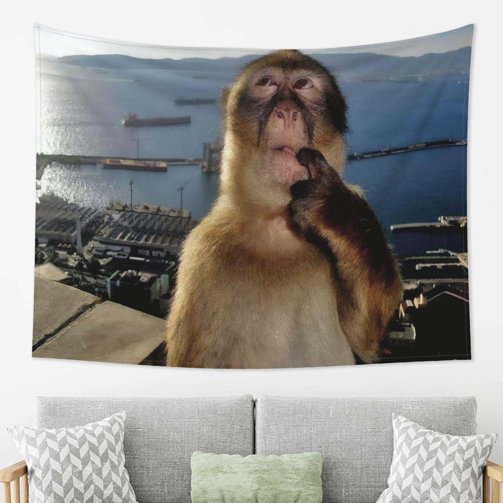 

VIKAMA Contemplation Monkey Ocean Tapestry Sailboat Far Mountain City Panoramic Living Room Sofa Background Wall Decoration 74x94cm(29x37in)