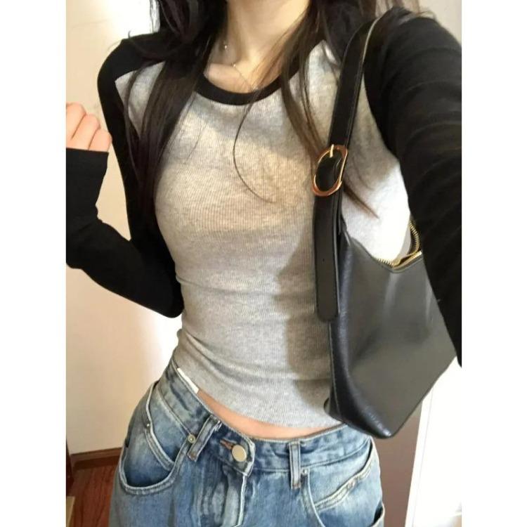 Vintage Shoulder Color Matching Long Sleeve Women Top Spring Autumn Inner Wear Short Bottoming Shirt