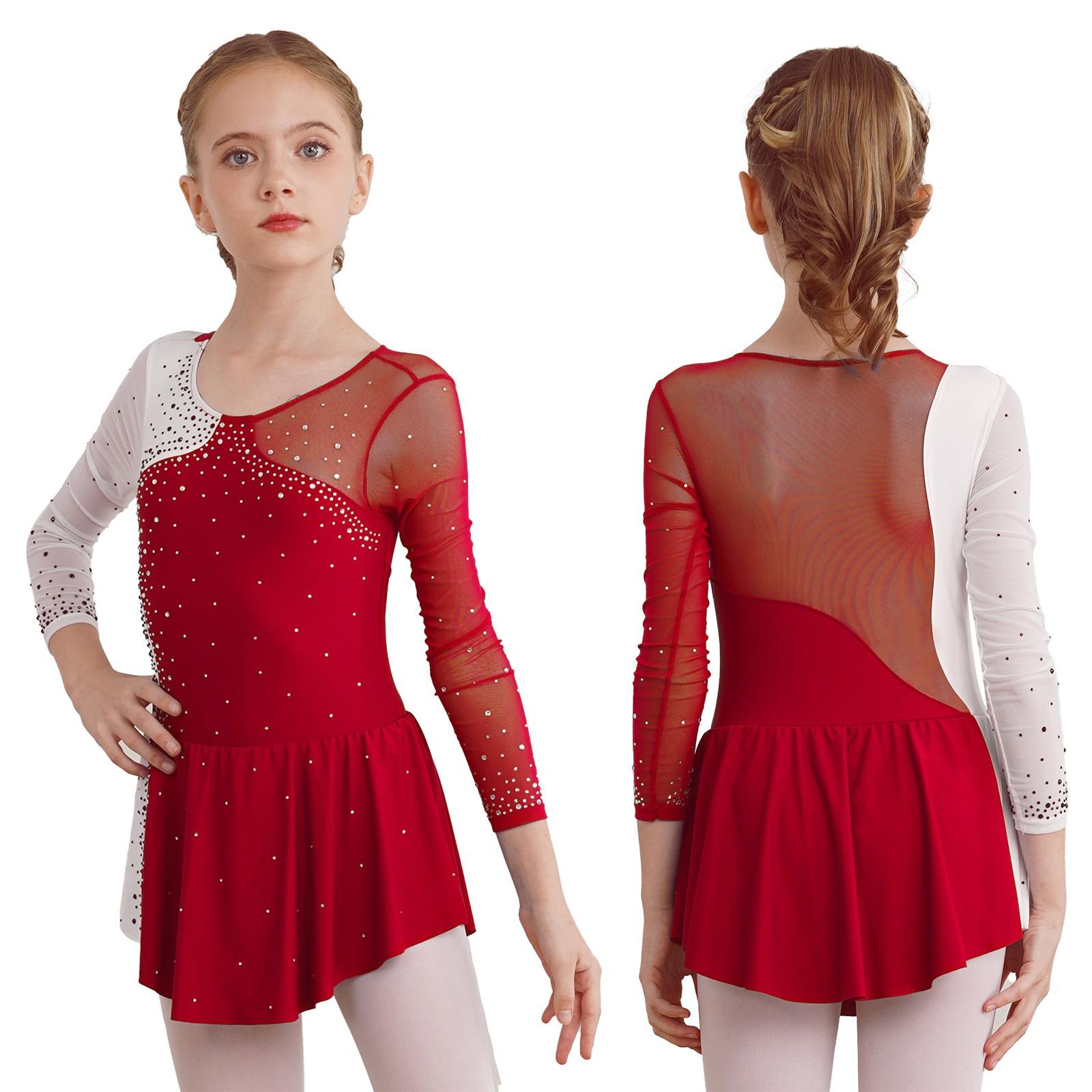 Fldy Kinderen Meisjes Lange Mouw Glanzende Strass Gymnastiek Turnpakje Ballet Dans Kostuums Figuur Schaatsen Jurk 13-14 Years