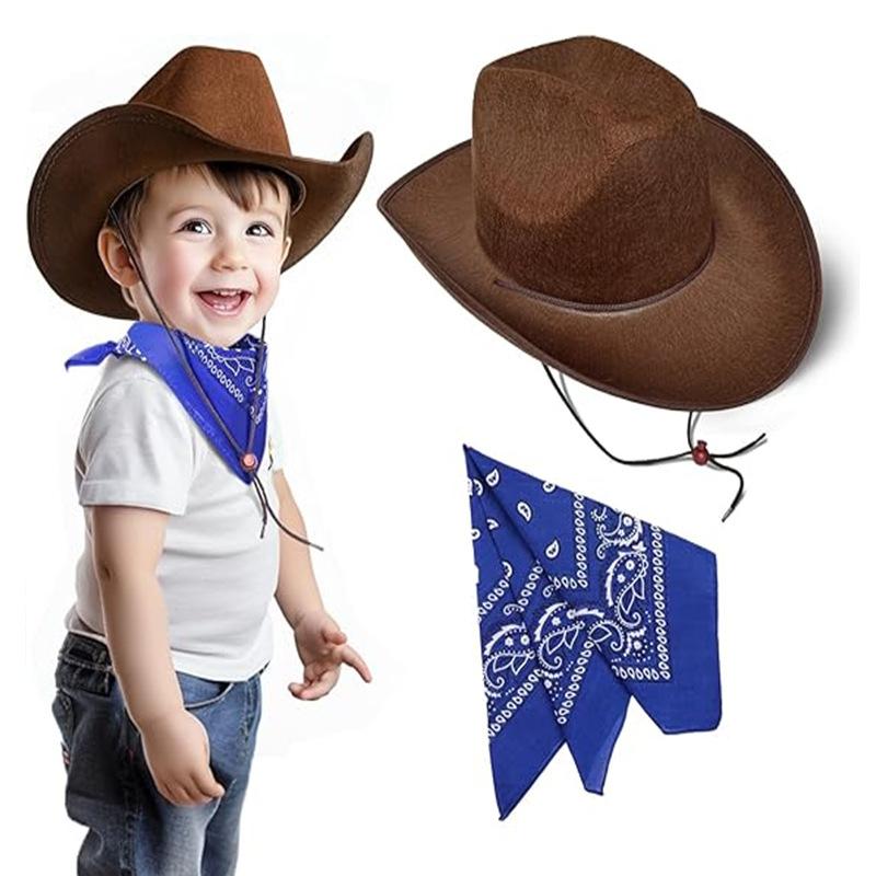 Children's Coffee Hemmed Cowboy Hat Square Towel Set, Brown Dick Cowboy Hat