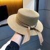 Women's Summer Straw Hat with Ribbon, Wide Brim Sun Protection Beach Cap, Elegant Flat Top Fisherman Hat for Outdoor Use