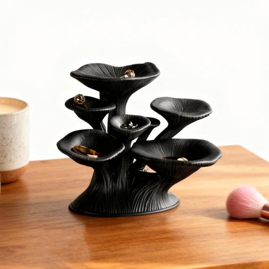 Siyah Mantar Takı Standı 3D Baskılı 7 Katlı Takı Tutucu Masaüstü Küpe Ağacı Yüzükler Kolyeler Bilezikler Anahtarlar Saklama Tuvalet Masası Dekoru
