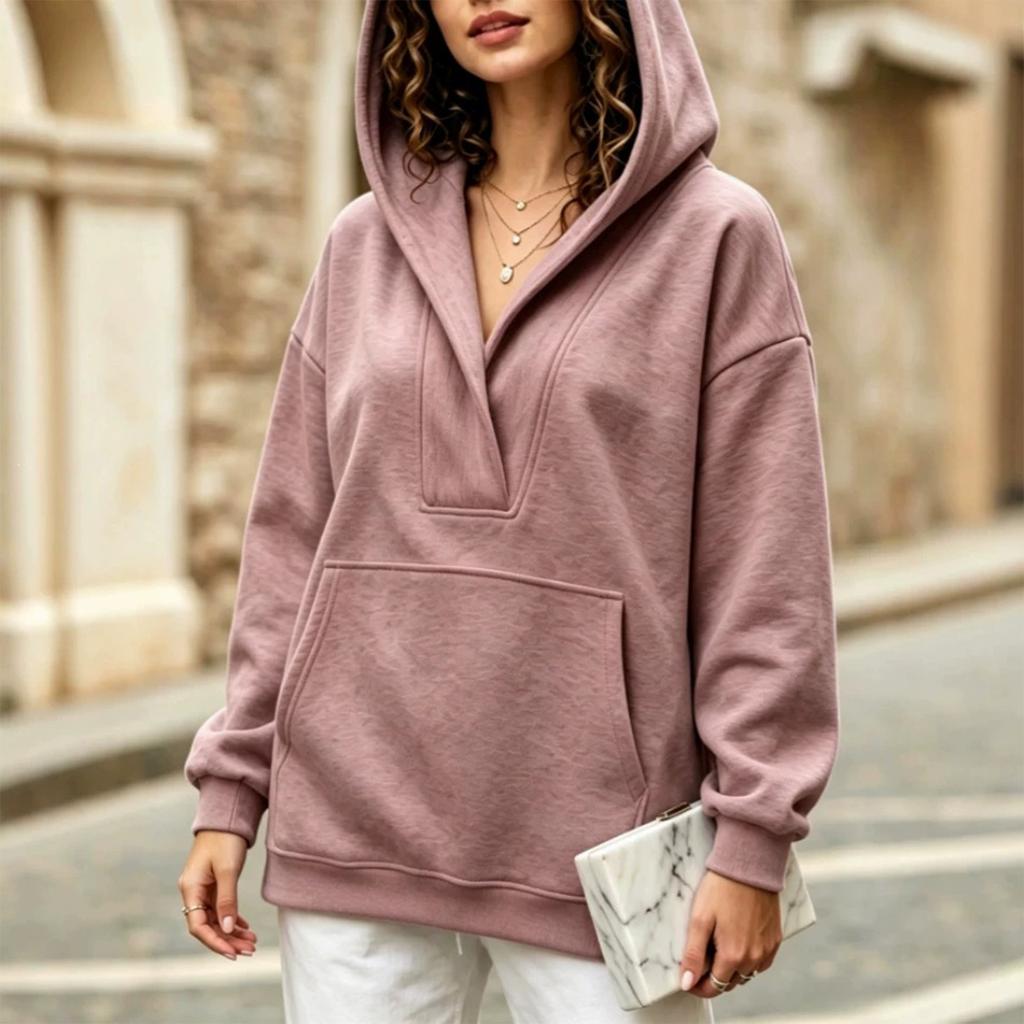 Felpa da donna casual con cappuccio e scollo a V, vestibilità larga