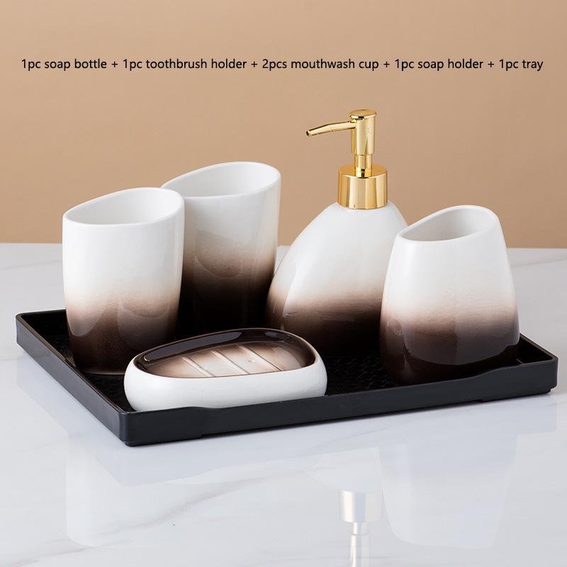 6τεμ. 1σετ Προηγμένα Αξεσουάρ Μπάνιου Κεραμικά σε Σταδιακή Απόχρωση του Καφέ, 2 ποτήρια στοματικού διαλύματος, 1 σαπουνοθήκη, 1 ποτηράκι οδοντόβουρτσας, 1 δίσκος, 1 δοχείο λοσιόν Δημιουργικά Δώρα για το Σπίτι.