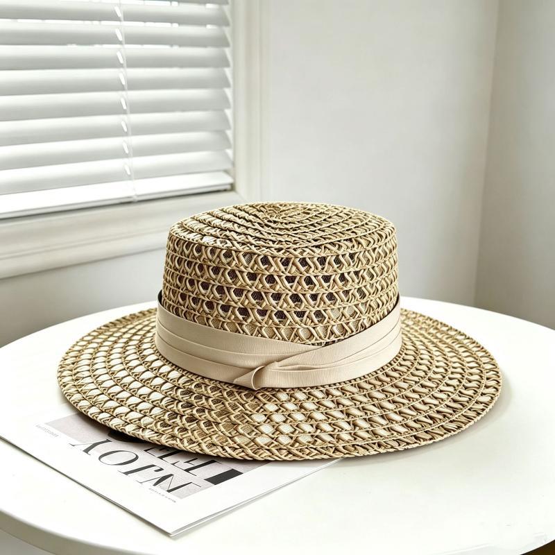 Natural Straw Boater Hat Handwoven Breathable Hollow Weave Black Ribbon for Graduation Ceremony Events A3