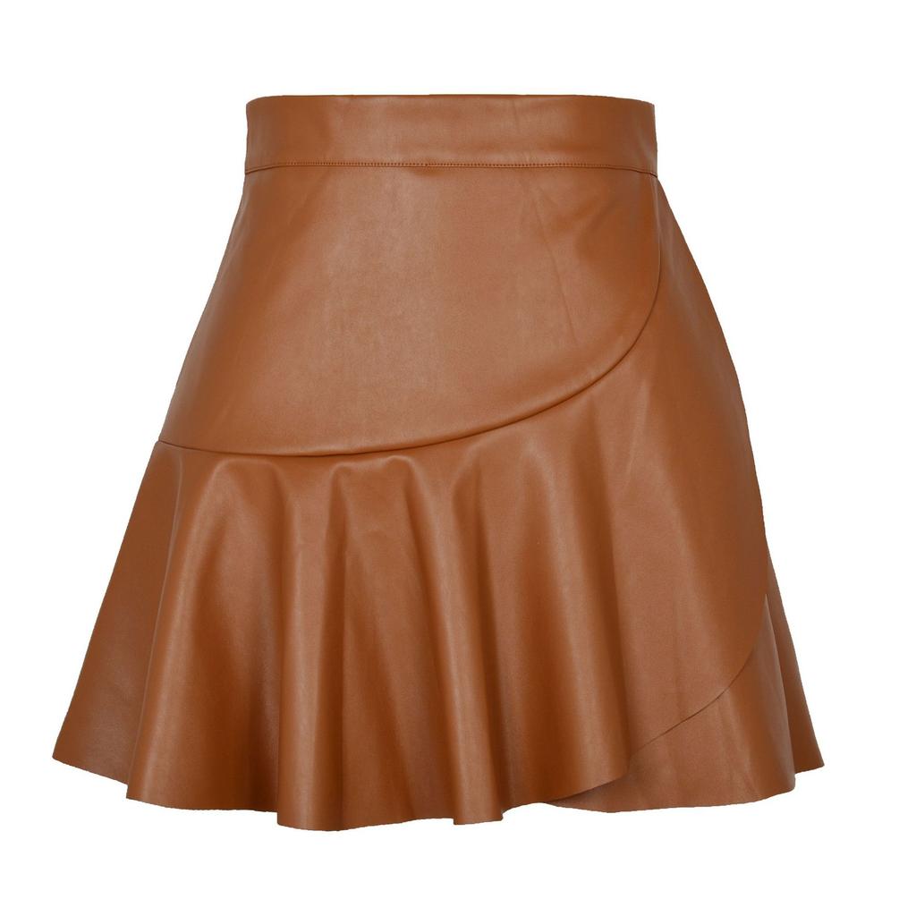 Women High Waist Bodycon PU Leather Skirts Office Ladies Bandage Ruffles Mini Skirt