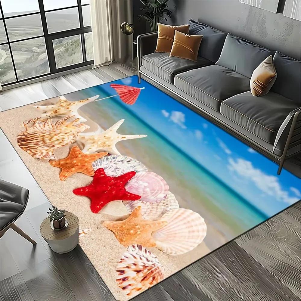 Starfish Beach Shell Sand Pattern Area Rug Coastal Ocean Carpet for Living Room Bedroom Kids Play Room Non-Slip Floor Mat