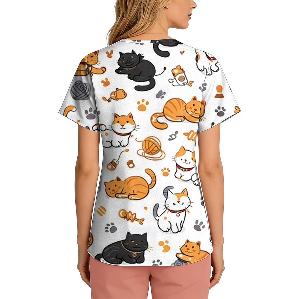 Women's Casual Short-Sleeve Cute Animal Print V-Neck Pocket Workwear Top