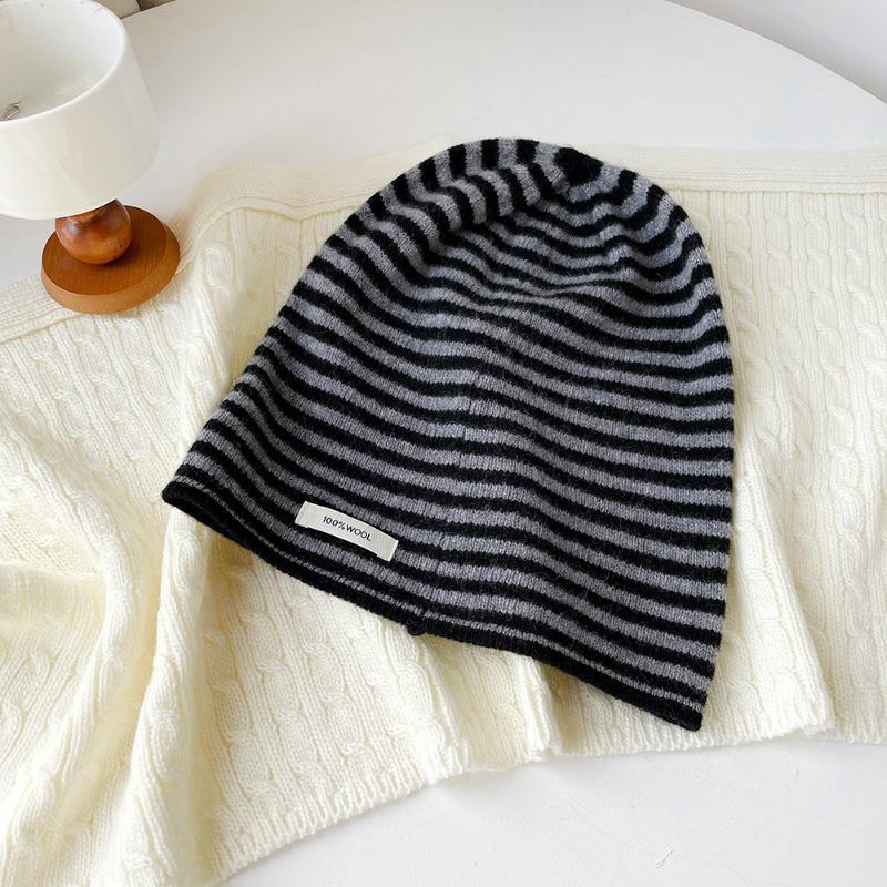 0% all wool striped knitted hat stacking hat women's autumn and winter bag head cold hat versatile warm hat