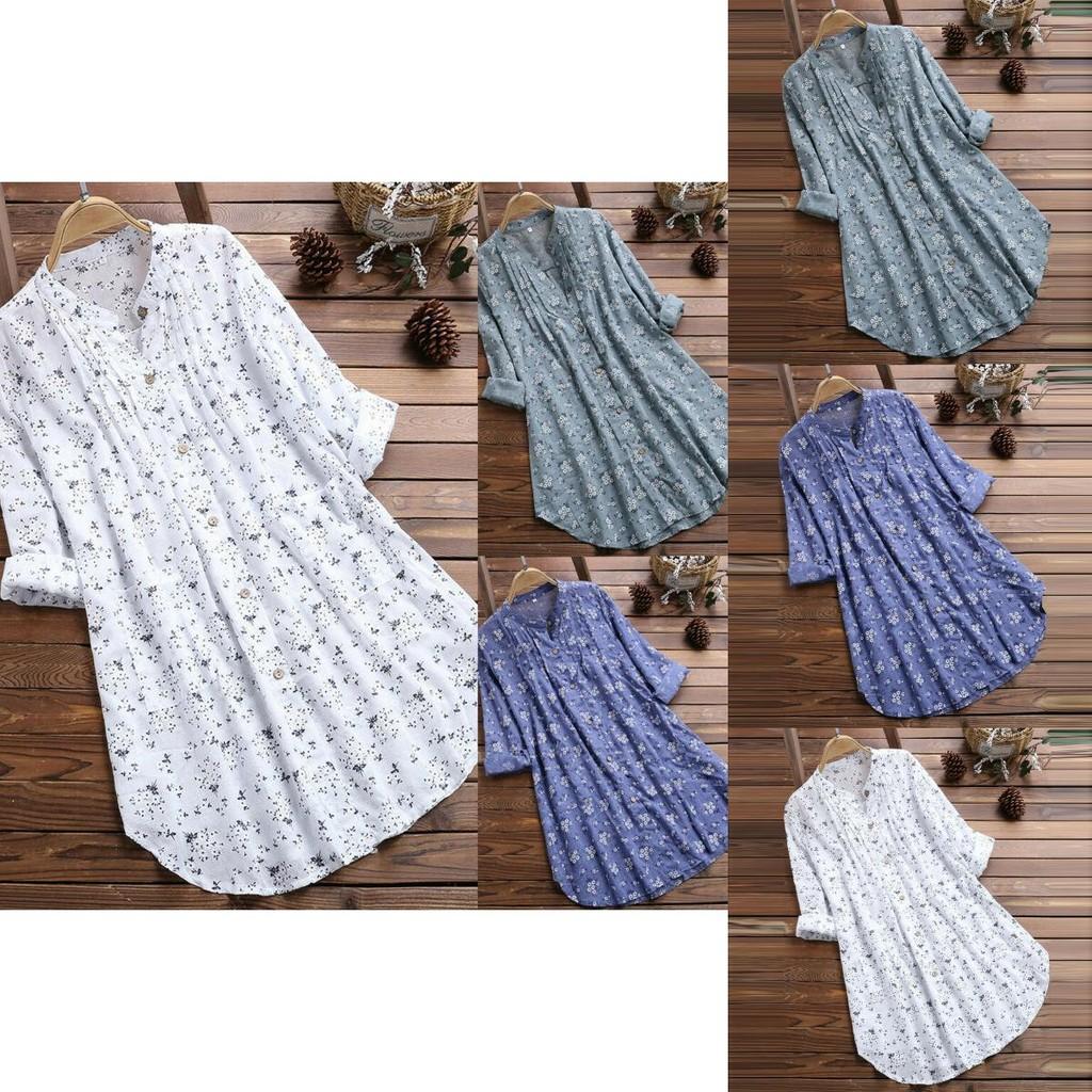 Elegant Women V-neck Long Sleeve Flower Print Linen Shirt Ladies Casual Loose Blouse Top