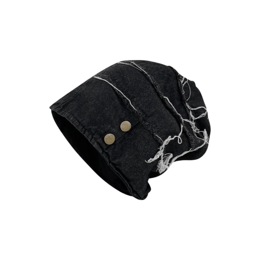 Button Distress Denim Pullover Cap Korean Style Loose Beret Fashion Washed Denim Beanie  Streetwear