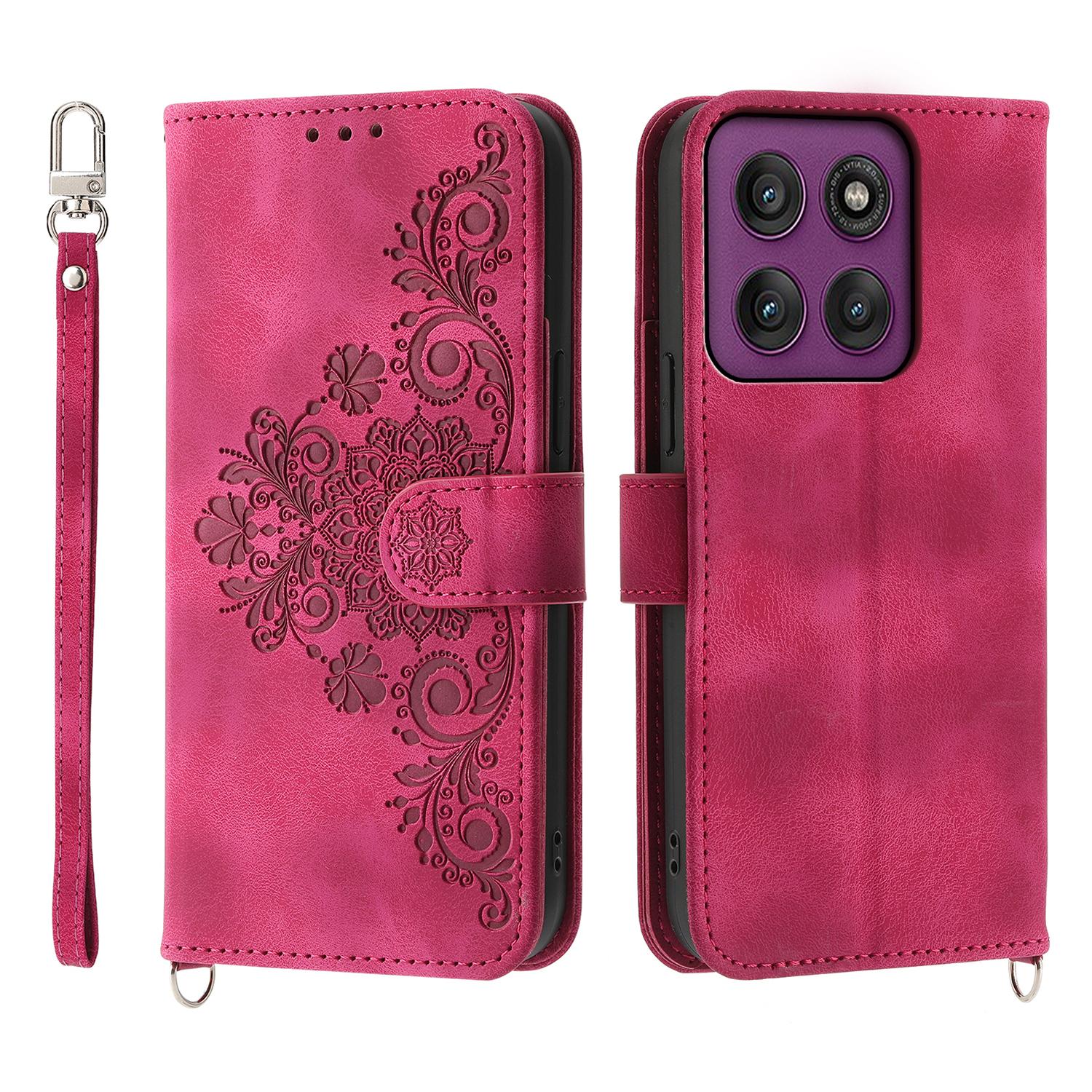 

For Motorola Edge 60 Pro 5G Case Flower Pattern PU Leather Wallet Phone Cover with Strap Wine Red