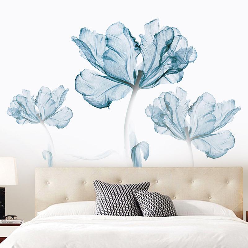 Creative Nordic Blue Floral Wall Sticker Self-Adhesive Removable for Sofa Bedroom Background Home Decor