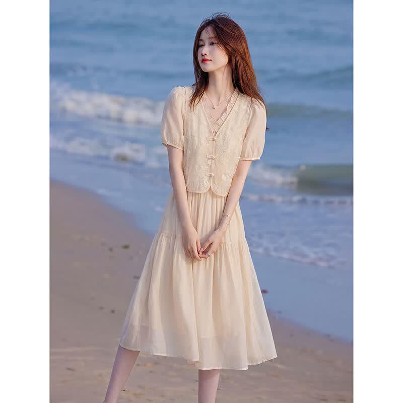 Summer French Lace Embroidered Vest Dress Set