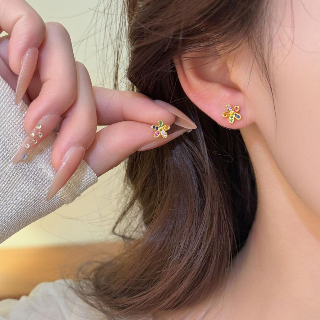 Luxury 18K Gold Plated S925 Silver Rainbow Flower Cluster Stud Earrings, Sparkling Multi-Color CZ Floral Earrings for Women