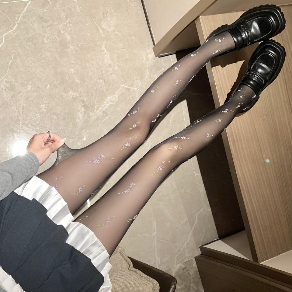Japanese Sweet Loli Cute Core Spinning Silk Small Floral Retro Milk White Stockings Jacquard Ultra-Thin Pantyhose