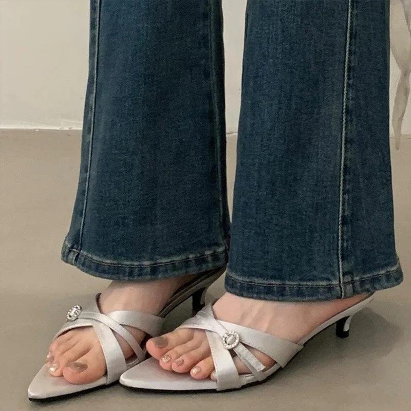 Pointed Toe Women Slippers Elegant Heeled Shoes Summer Dress Fashion Woman Sandals Designer 2025 Trend Brand Cozy Femme Zapatos