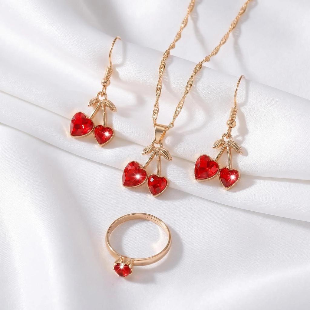 Sweet Cherry Necklace And Earring Set For Women Cute Fruit Jewelry Summer Accessories