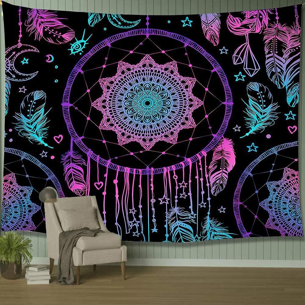 Psychedelic Dreamcatcher Feather Tapestry Hippie Bohemian Mandala Tapestry Wall Hanging Cloth For Living Room Dorm Office Decor