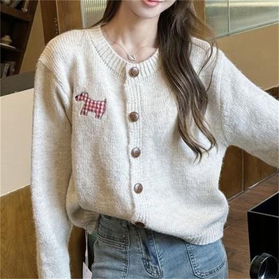 Welpen-Aufnäher süßer sanfter Pullover Damen Herbst und Winter neu lockerer lässiger Stil Mode Strickjacke