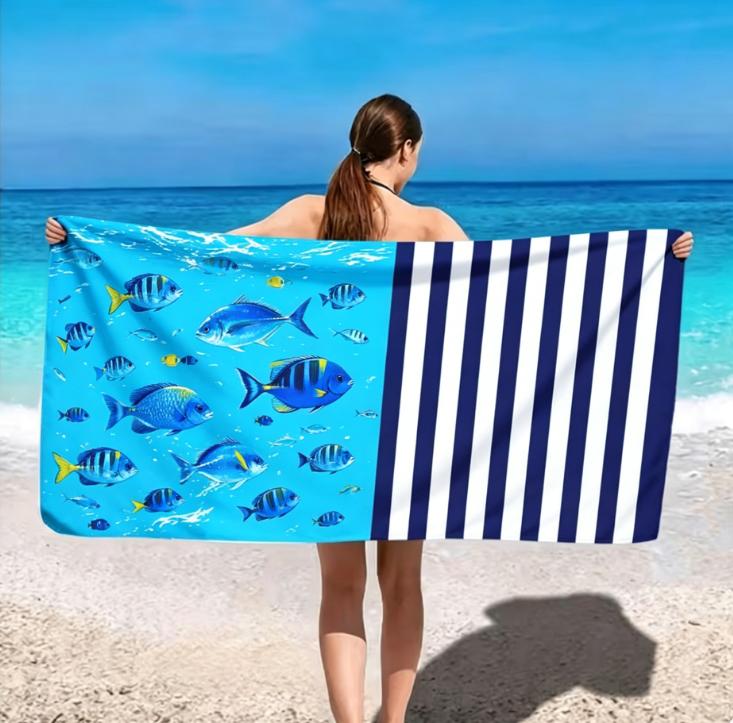 Blue and White Striped Sea Turtle Beach Towel Coastal Nautical Sea Turtle Beach Towel Absorbent Quick-Dry Summer Beach Towel 50X100cm &1pc