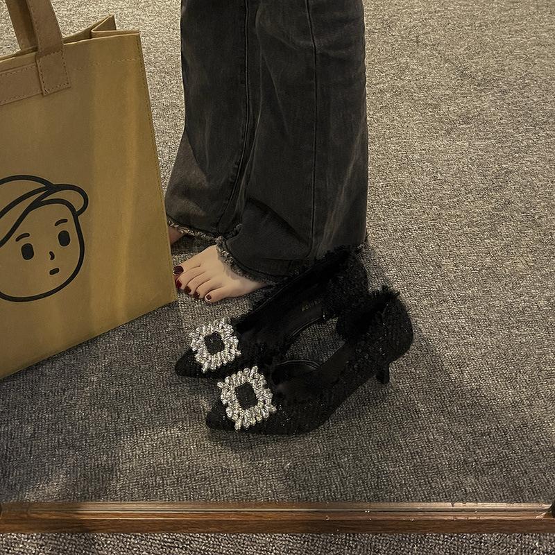 High heels women's summer 2025 new niche design French pointed shoes thin heels small fragrant rhinestone single shoes