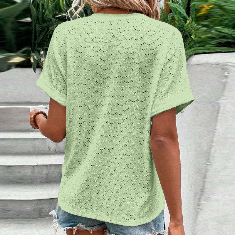 2025 Spring/Summer Women's Fashion Casual Solid Color V-neck Button T-shirt