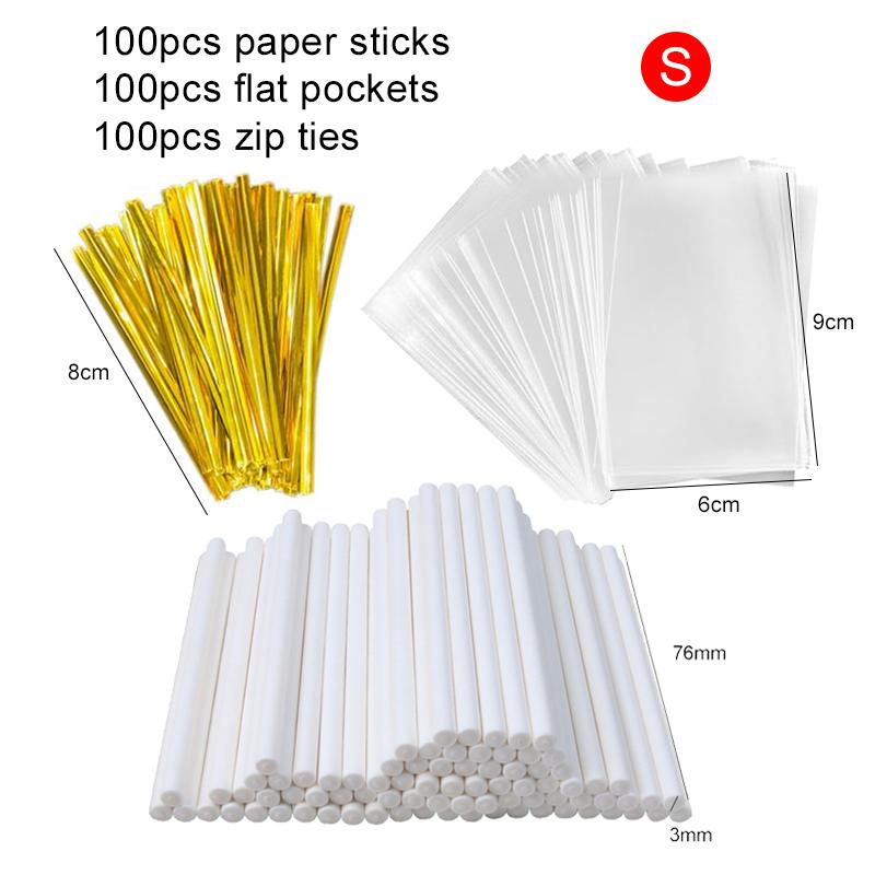 100pcs/set Lollipop Packaging Bag Set Paper Stick Flat Pocket Zip Ties DIY Household Kitchen Supplies Festival Gift Candy TMZ