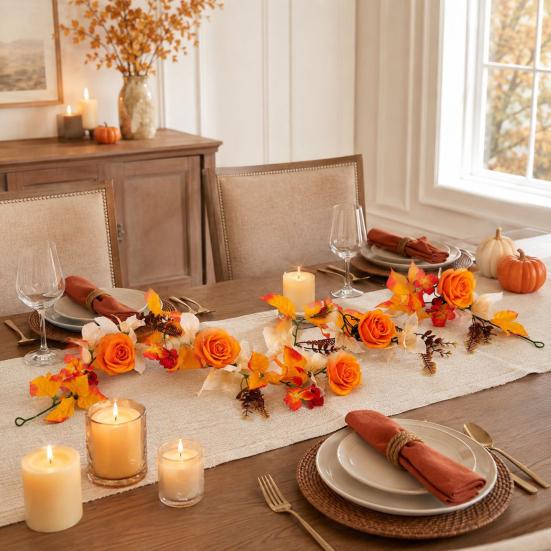 Reusable Holiday Party Supplies 180cm Artificial Vine Hanging Door Wreath with Pumpkins Berries Maple Leaves, Silk Flower Rattan Halloween Garland for