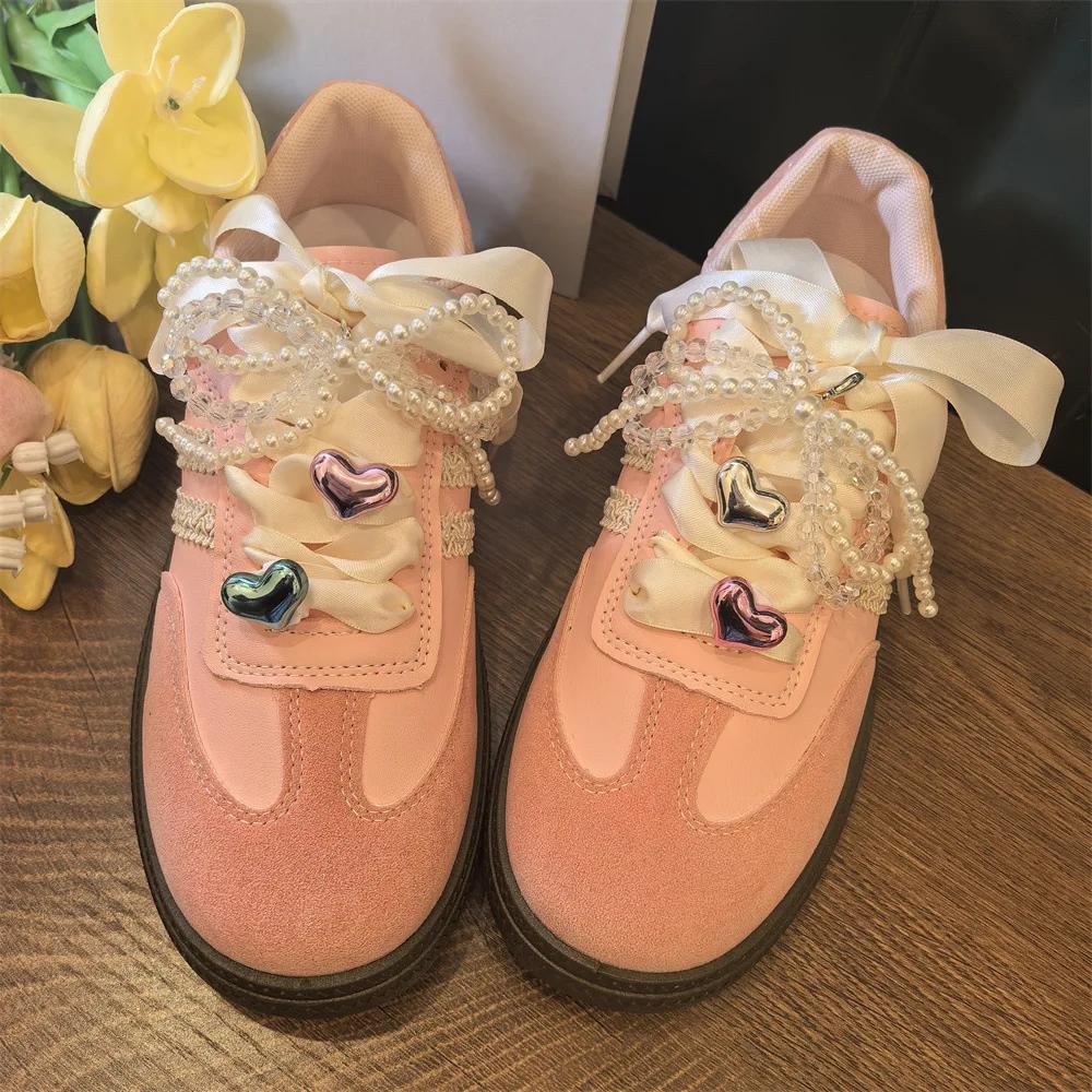 New Pearl Crystal Bow Charms for Sneakers - DIY Hand Woven Flower Shoe Laces with Colorful Love Buckle Decorations for Girls
