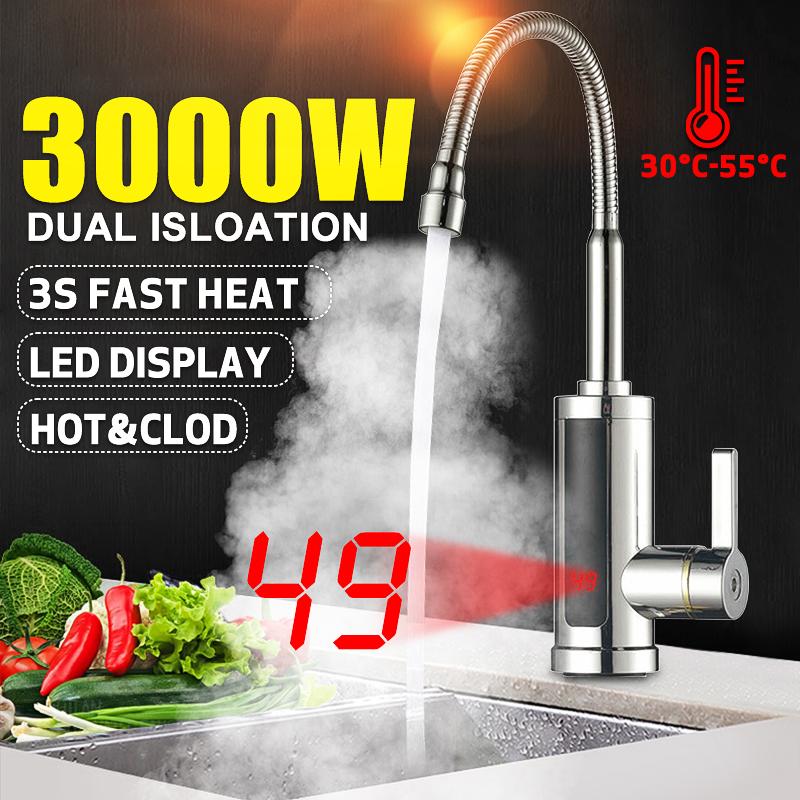 Electric Instant Heater Faucet Tap 360Rotation LED Digital Display Hot Water Kitchen Faucet Tankless Hot Cold Mixer Tap 3000W