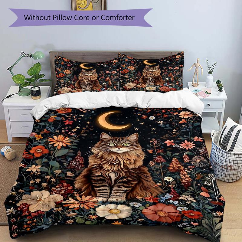 

3pcs Domineering Cat & Flowers Bedding Set, Including Without Filling, Soft and Comfortable Home Bedroom M050 135x200cm