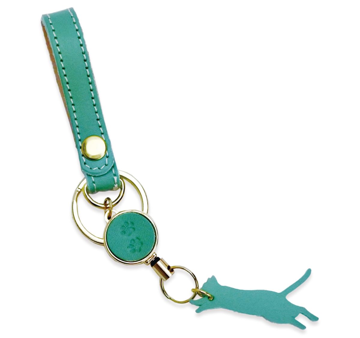 

[meow cheri] Stylish and Cute Cat Leather Keychain with Reel, Made in Japan with Himeji Leather, Gift (Turquoise)
