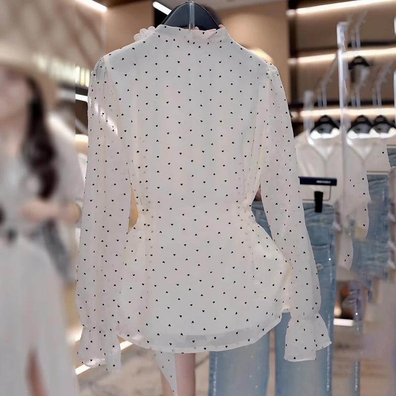 La Chapelle French Style Polka Dot Tie-Neck Blouse
