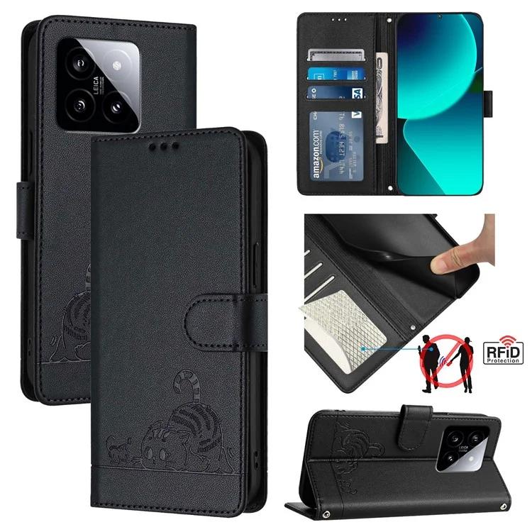 

Чехол Imprinting Series-9 для Xiaomi 14 с рисунком кошки-крысы и блокировкой RFID, кожаный чехол для телефона