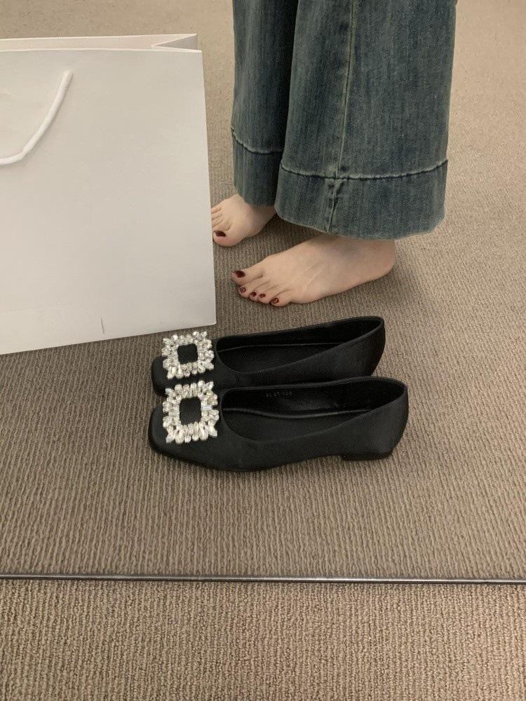 French flat-bottomed high-end rhinestone square buckle satin single shoes for women's spring 2025 new gentle wind evening shoes
