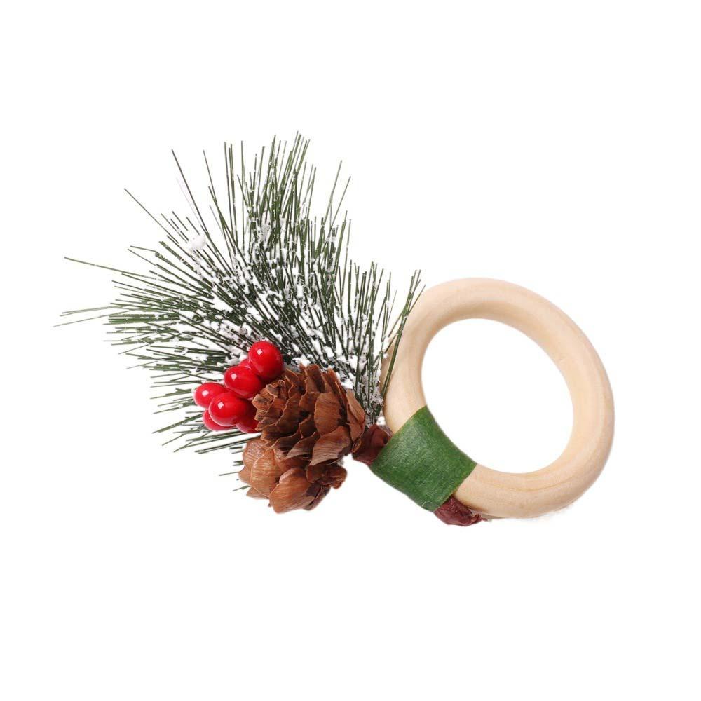 6pcs with Red Berries Christmas Pine Needle Napkin Ring Wooden Napkin Buckle Restaurant