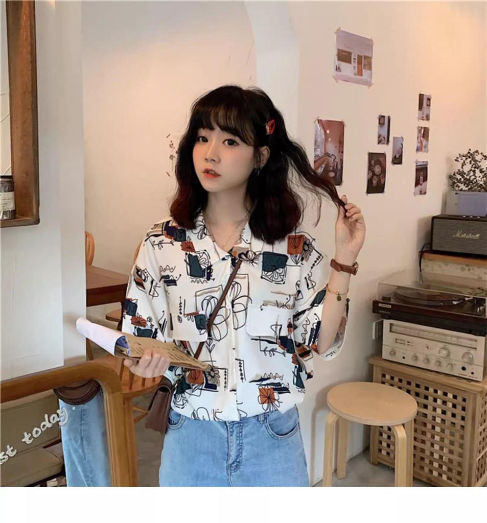 Damen Retro Hong Kong Stil Kurzarm Lockere Bedruckte Bluse