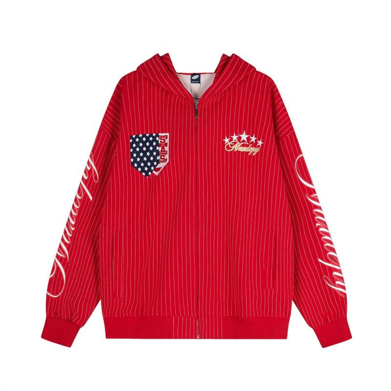 American Streetwear Striped Zip-Up Hoodie Loose Fit Mens Star Embroidery Jacket